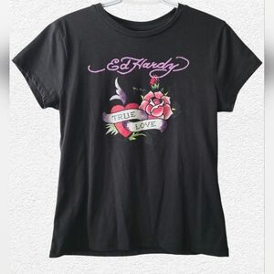 Ed Hardy Graphic T Shirt Womens XL Black True Love Tattoo Y2K Short Sleeve